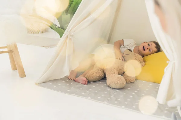Baby Boy Playing His Teddy Bear Tent Home Full Shot — Photo
