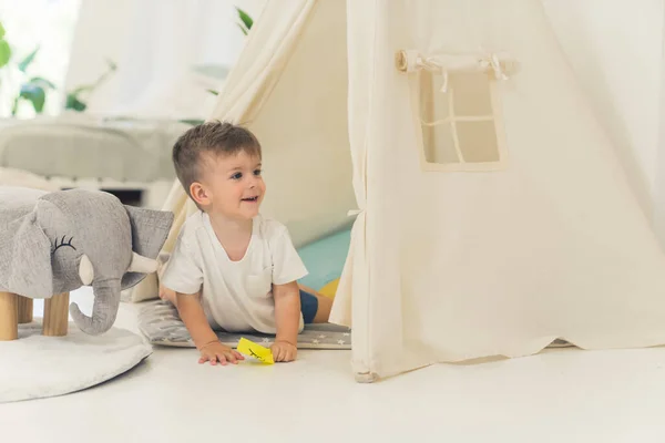 Cute Caucasian Baby Boy Playing His Tent Living Room Children — Photo