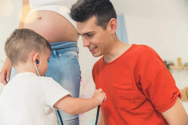 Little Boy Using Stethoscope Listen Heartbeat His Dad High Quality — Stok fotoğraf
