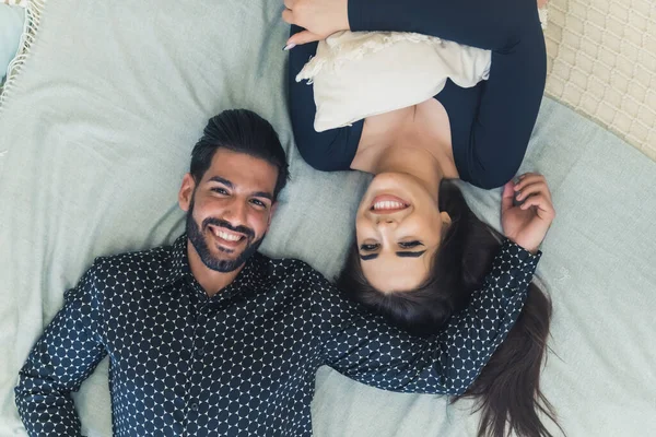 High Angle Indoor Shot Happy Smiling Heterosexual Dark Haired Couple — Foto de Stock