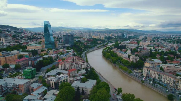 Panorámás Kilátás Nyílik Tbiliszire Mtkvari Folyóra Grúzia Európa Kiváló Minőségű — Stock Fotó