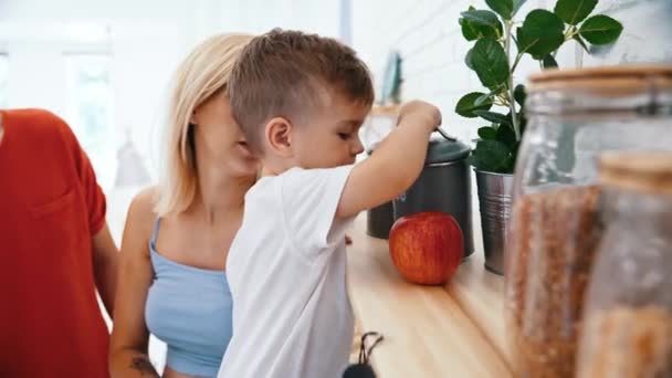Curious Preschooler Boy Opening Various Containers Kitchen Shelf Proud Mum — Stock Video