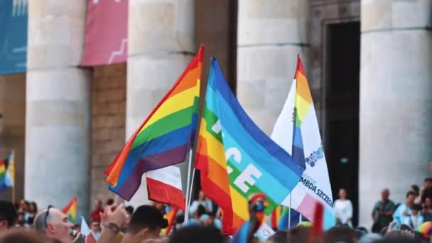2022 Varsovia Polonia Banderas Que Representan Diferentes Sexualidades Sostenidas Con — Vídeo de stock