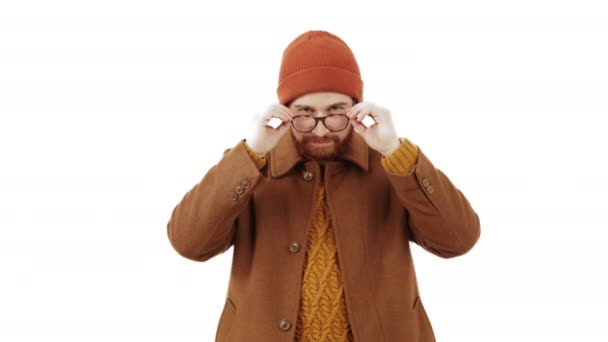 Stylish Caucasian Man Looking His Spectacles Winter Clotches High Quality — Stock Video
