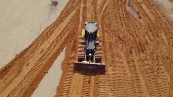 Horizontal Aerial Outdoor Shot Bulldozer Works Road Construction Site Leaving — Stok video