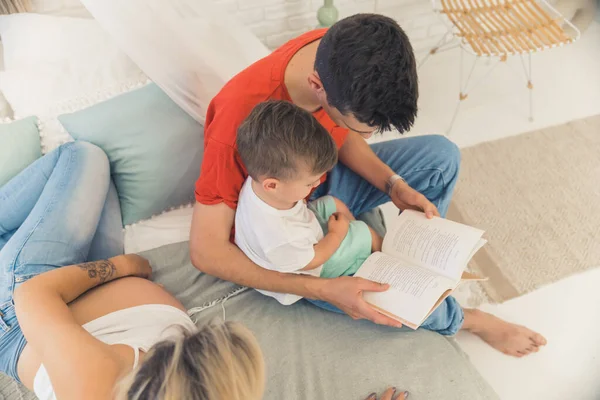 Family Three Spending Time Together Reading Book Growing Toddler Boy — Photo