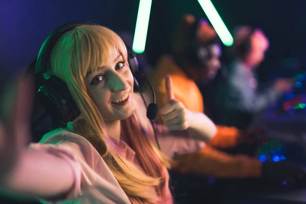 Indoor Shot Blonde Cute Gamer Girl Blonde Hair Fringe Wearing —  Fotos de Stock