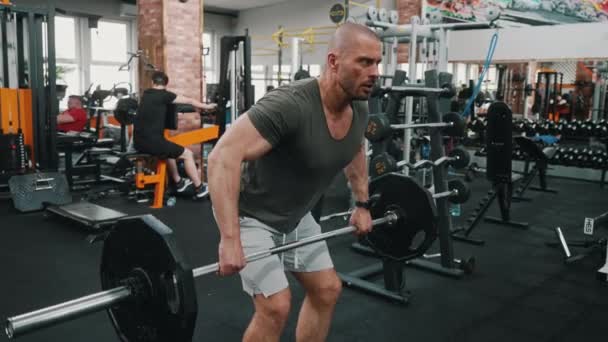 Handsome Sporty Man Exercising Weight Plate Gym High Quality Footage — Stockvideo