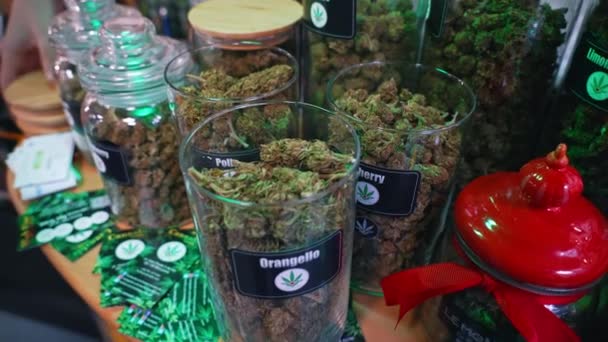 2022 Warsaw Poland Opened Glass Jars Cbd Cbg Marijuana Tops — Vídeo de stock