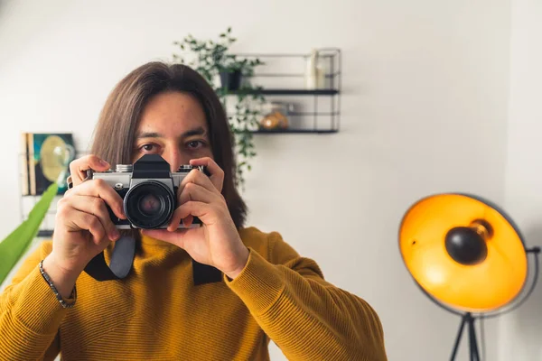 Young Mysterious Long Haired Guy Taking Photo His Room Passion — 图库照片