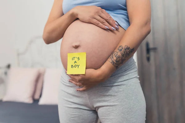 Gender Reveal Concept Its Boy Yellow Sticker Placed Caucasian Pregnant — Stock fotografie