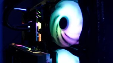 gaming PC rig with liquid cooling setup and light inside . High quality 4k footage