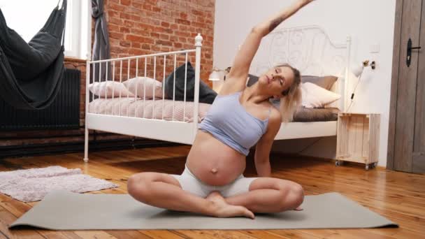Beautiful Caucasian Pregnant Woman Baby Blue Tank Top Sitting Cross — Stock Video