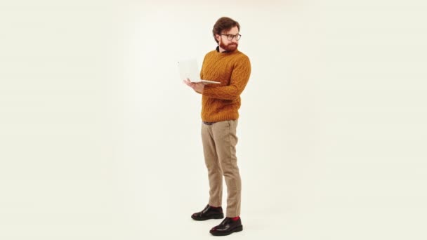 Stylish Man Looking His Computer Full Body Shot Isolated White — Video Stock