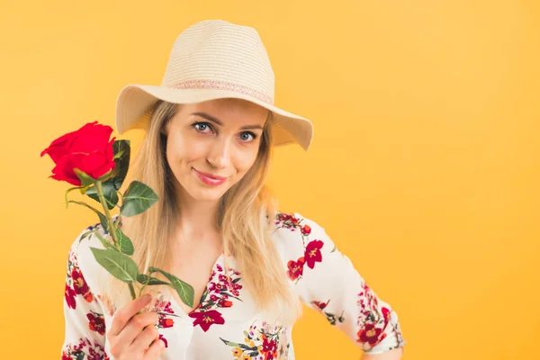 Blondie Girl Wearing Hat Holding Beautiful Rose Orange Background Looking — Stock Photo, Image