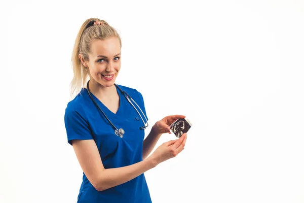 Smiling White Nurse Blue Displaying Photo Embryo Closeup High Quality —  Fotos de Stock
