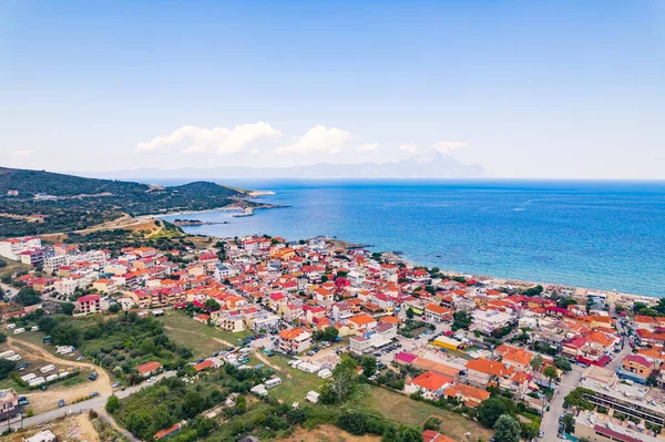 Aerial Drone View Greek Seashore Filled Whitewashed Houses Vivid Orange — Fotografia de Stock