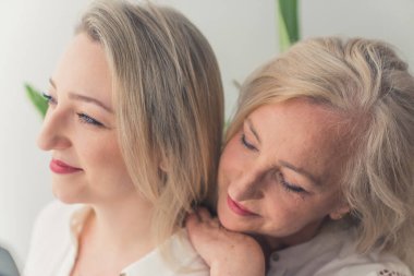 Beyaz tenli iki çekici kadının portresi. Orta sınıf kapalı mekan refahı kavramı. Yüksek kalite fotoğraf