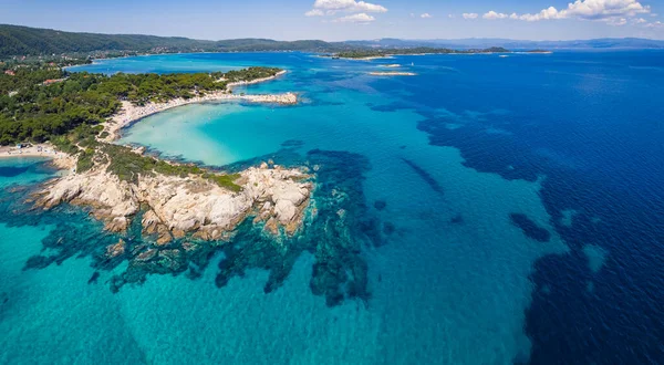 Drone Aerial View Beautiful Turquoise Dark Blue Waters Karydi Beach — стоковое фото