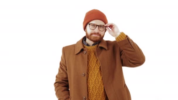 Cool Attractive Man Looking His Spectacles Camera Wearing Winter Coat — Stock Video