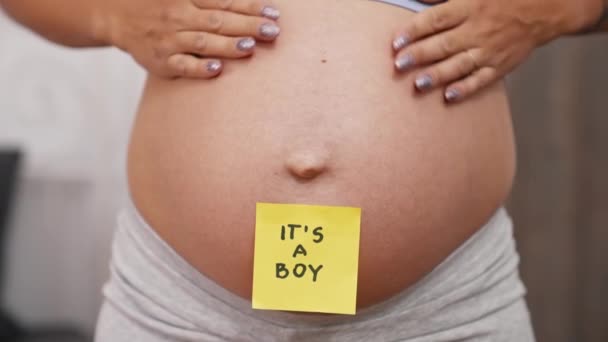 Gender Reveal Concept Its Boy Yellow Sticker Placed Caucasian Pregnant — Vídeos de Stock