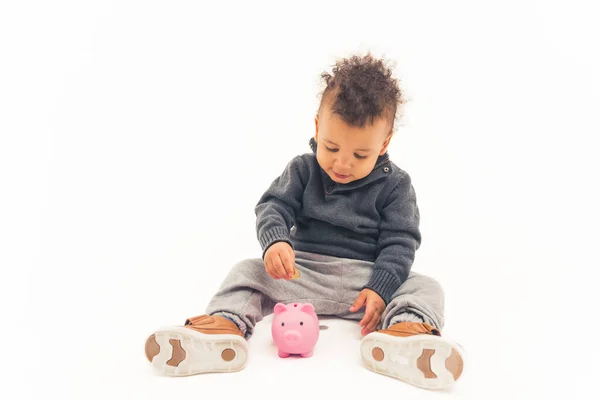 Beautiful Afro American Child Putting Coin Piggy Bank Isolated High — 图库照片