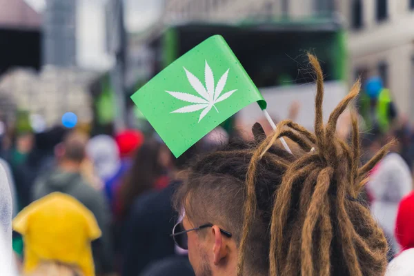 European Weed Lover Holding Little Green Flag White Marijuana Leaf — Foto de Stock