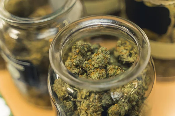 Detail Closeup Shot Cannabis Buds Jar Transparent Glass Medical Product — Photo