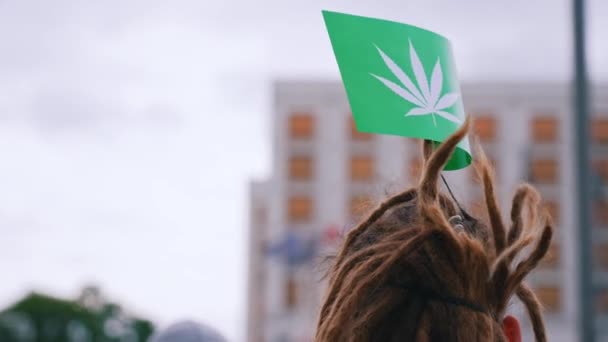 European Weed Lover Holding Little Green Flag White Marijuana Leaf — Video Stock