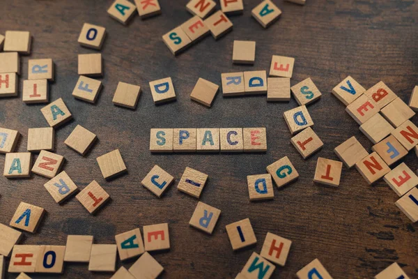 Colourful Wooden Letters Seen Top View Creating Word Space Dark — Photo