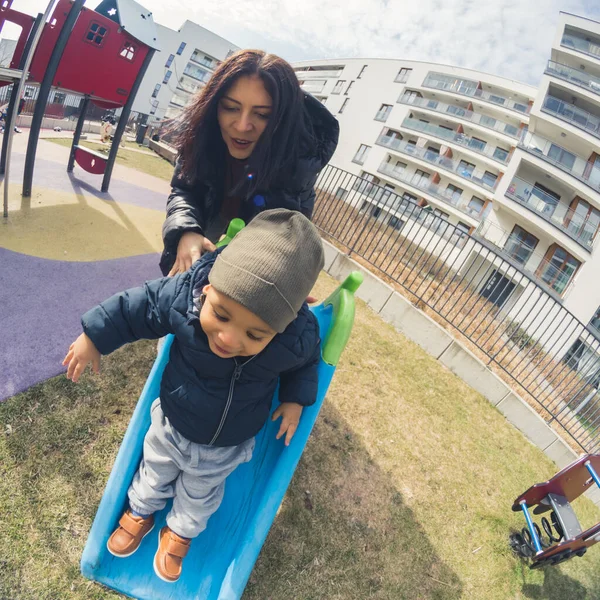 Happy African American Five Years Old Boy Having Slide Play — 图库照片