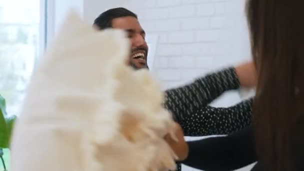 Lovely Relatioship Concept Couple Having Pillow Fight Bedroom Have Fun — Vídeo de Stock