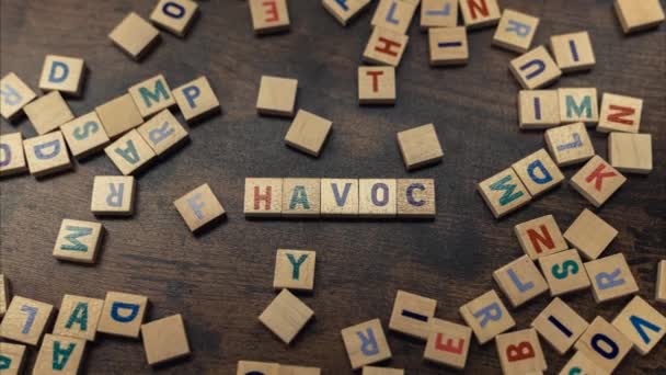 Word Play Square Colorful Wooden Letters Creating Word Havoc Destruction — 图库视频影像