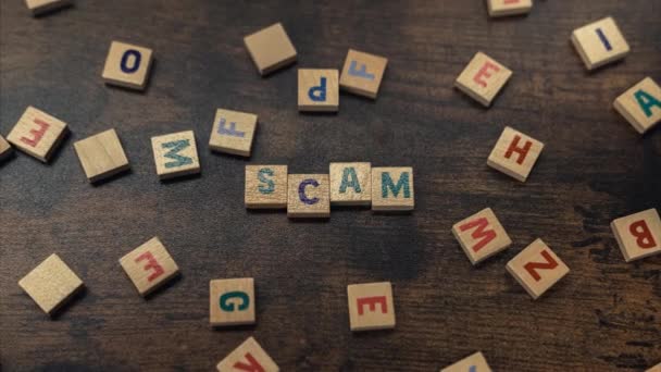 Scam Scattered Square Colourful Letter Puzzles Creating Word Danger Being — Stockvideo