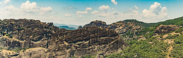 Wide Panoramic Shot Meteora Rock Formations Seen Aerial Drone View —  Fotos de Stock