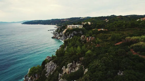 Aerial Drone View Kassandra Cliffs Calm Turquoise Sea Natural View — Fotografia de Stock