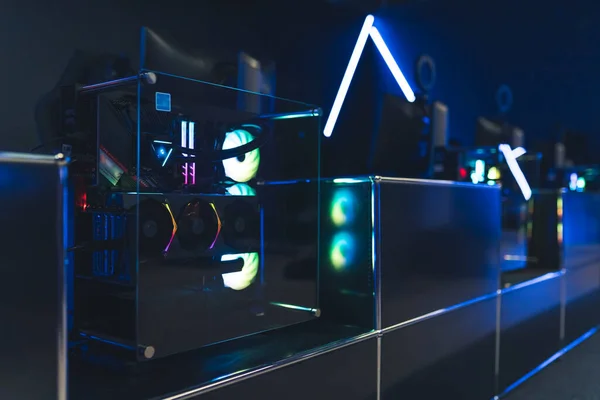 Professional Gaming Setup Monitors Computers Trapnsparent Case Colorful Glowing Fans —  Fotos de Stock