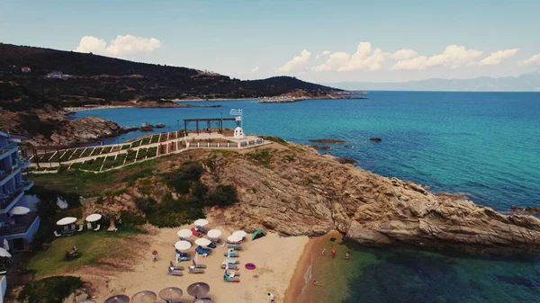 Beachfront Promenade Rocky Bay Village Sarti Greece Aerial Drone Perspective — Stock fotografie