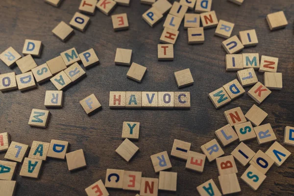 Word Play Square Colorful Wooden Letters Creating Word Havoc Destruction — Stockfoto