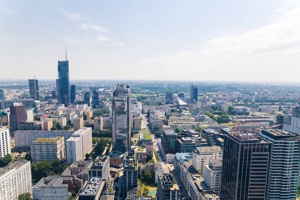 7.22.2022 Warsaw, Poland. Perfect destination for travelers in Europe. Aerial view of Warsaw. Varso towering over the capital city. High quality photo