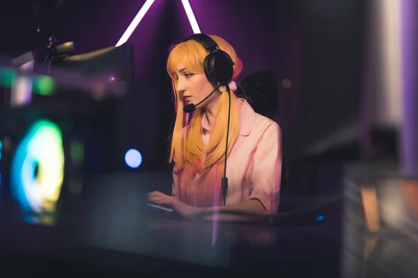 Young Gamer Girl Wearing Pink Clothes Headset Sitting Gaming Chair — стоковое фото