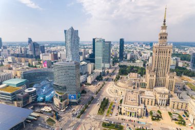 7.22.2022 Warsaw, Poland. Socialist realism architecture of Palace of Culture and Science. Downtown Warsaw from drones perspective. High quality photo
