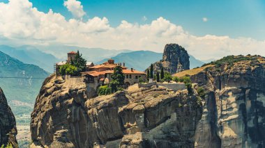 Summer holidays concept. Beautiful mountain panoramic view of one of the famous Meteora monasteries. Greece. Drone shot. High quality photo