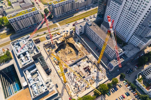 Construction Workers Building Housing Units New Skyscrapers Two Buildings Three — Foto Stock