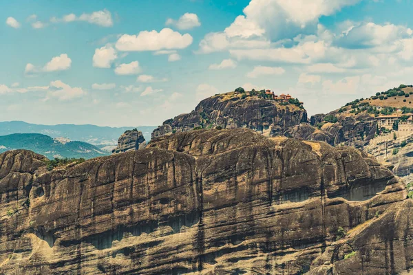 Rock Formations Meteora Greece Summer Holidays Concept Aerial Shot Summits —  Fotos de Stock