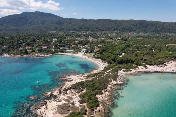 Calm Karydi Beach Village Vourvourou Greece Aerial Drive View Seashore — 스톡 사진