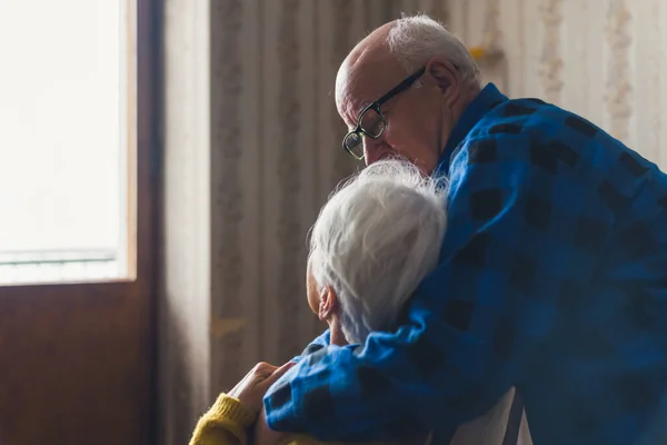 Loving Supportive Elderly Husband Hugging Comforting His Wife High Quality — ストック写真