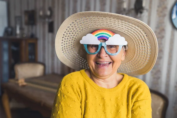 Funny Caucasian Old Single Woman Wearing Paper Party Cartoon Glasses — стоковое фото