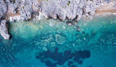 drone perspective of Kassandra cliffs near Paliouri, Greece. stunning natural seashore. High quality photo