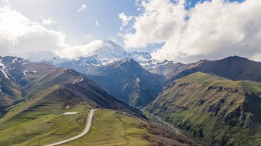 beautiful aerial view of Kazbegi and Caucasus mountains, Georgia. High quality photo